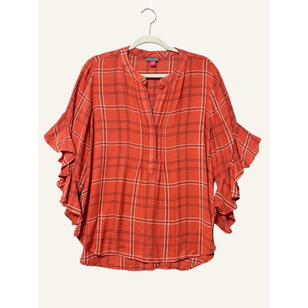 Vince Camuto Plaid Ruffle Sleeve Henley Blouse Size Large Rust Boxy Boho